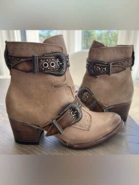 freebird Taupe Buckle Studded Ankle Boots